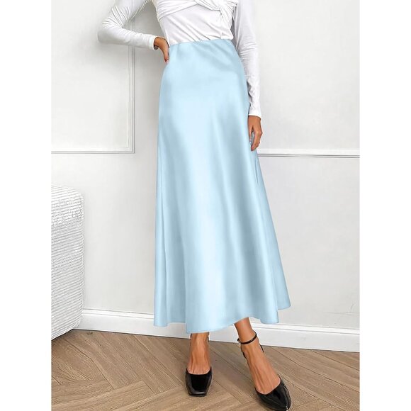 Women Baby Blue Maxi Dressy Casual Zipped High Waisted Silk Elegant Long Skirt - Picture 7 of 7